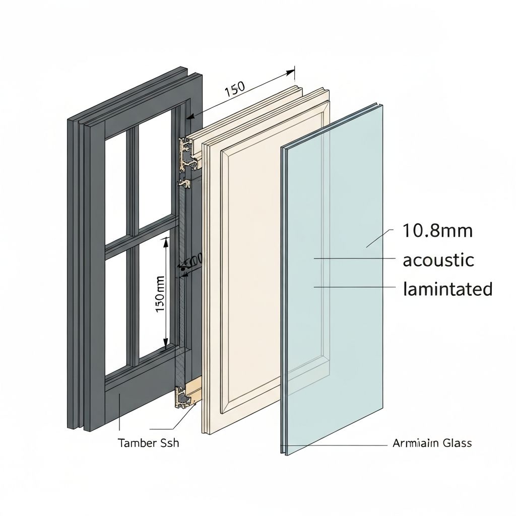 3D exploded view showing original sash window, 150mm acoustic air gap, and 10.8mm laminated glass panel